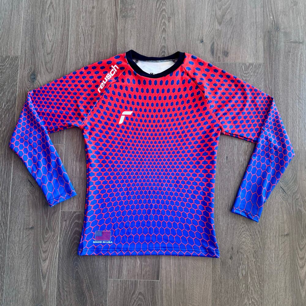Reusch Pro-Fit goalkeeper jersey red blue geometric adult small long sleeve NEW